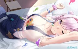  adapted_costume airani_iofifteen airani_iofifteen_(1st_costume) armpits blue_overalls blush breasts dobure18 female highres hololive hololive_indonesia large_breasts lying on_back on_bed one_eye_closed overalls pillow purple_eyes purple_hair shirt solo virtual_youtuber white_shirt 