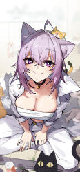  absurdres adarin ahoge alternate_costume animal_ear_fluff animal_ears black_collar breasts bright_pupils cat_ears cat_girl chest_sarashi cleavage closed_mouth collar commentary crossed_bangs day double-parted_bangs feline female from_above hair_between_eyes highres hololive indian_style jacket large_breasts looking_at_viewer messy_hair navel nekomata_okayu outdoors pants popped_collar purple_eyes purple_hair sarashi short_hair sitting smile solo too_many too_many_cats virtual_youtuber white_jacket white_pants white_pupils 