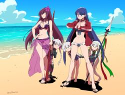  5girls :o asaya_minoru bandaged_arm bandages bare_arms bare_legs bare_shoulders barefoot beach bell bikini black_bikini black_bow black_footwear black_gloves black_thighhighs blue_eyes blue_hair blue_one-piece_swimsuit blue_sky bow braid breasts brown_eyes capelet cleavage closed_mouth cloud cracking_knuckles day elbow_gloves fate/extra fate/grand_order fate_(series) fist_in_hand flower fur-trimmed_capelet fur_trim gloves green_bow green_eyes green_ribbons grey_hair groin hair_between_eyes hair_flower hair_ornament hairbow hand_on_own_hip hands_up head_tilt headpiece holding holding_polearm holding_weapon horizon jack_the_ripper_(fate/apocrypha) jack_the_ripper_(summer_little)_(fate) jacket jeanne_d&#039;arc_alter_santa_lily_(fate) jeanne_d&#039;arc_alter_santa_lily_(summer_little)_(fate) long_hair long_legs long_sleeves low_twintails martha_(fate) martha_(swimsuit_ruler)_(fate) martha_(swimsuit_ruler)_(second_ascension)_(fate) medium_breasts multiple_girls navel no_shoes nursery_rhyme_(fate) nursery_rhyme_(summer_little)_(fate) ocean one-piece_swimsuit open_clothes open_jacket outdoors own_hands_together parted_lips peeking_out polearm purple_bikini purple_eyes purple_flower purple_hair red_jacket ribbon sand sandals scar scar_across_eye scar_on_cheek scar_on_face scathach_(fate) scathach_(swimsuit_assassin)_(fate) school_swimsuit see-through short_hair shoulder_tattoo single_glove sky smile spear standing striped striped_bow striped_ribbon swimsuit tattoo thighhighs track_jacket twin_braids twintails twitter_username v-shaped_eyebrows very_long_hair water weapon white_capelet 