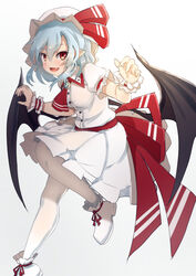  bat_wings blue_hair breasts commentary_request dress eyebrows female footwear_ribbon full_body hands_up hat leg_up looking_at_viewer medium_breasts mob_cap oerba_yun_fang opanchu_(hakusen) open_mouth pointy_ears red_eyes remilia_scarlet shoes short_dress short_sleeves smile solo touhou white_dress white_footwear white_legwear white_theme wings wrist_cuffs 