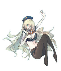  arm_up atago_(kancolle) bare_shoulders beret black_pantyhose blonde_hair bra breasts commentary crotch_seam female full_body green_eyes green_panties guratan hair_between_eyes hat kantai_collection large_breasts long_hair looking_at_viewer open_mouth panties panties_under_pantyhose pantyhose photoshop_(medium) simple_background smile solo underwear very_long_hair white_background 