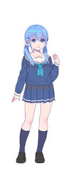  blue_eyes blue_hair blue_neckerchief blue_shirt blue_skirt brown_footwear closed_mouth commentary_request contrapposto enkyo_yuuichirou female full_body hair_ornament hair_scrunchie hand_up highres loafers looking_at_viewer low_twintails neckerchief nijisanji pleated_skirt sailor_collar scrunchie shirt shoes short_sleeves simple_background skirt smile solo standing twintails virtual_youtuber white_background white_sailor_collar white_scrunchie yuuki_chihiro yuuki_chihiro_(2nd_costume) 