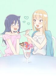  2girls :d bad_id bad_twitter_id bare_shoulders black_hair blonde_hair blush casual chair collarbone commentary_request feeding flirting green_background hair_between_eyes hakka0320 heart holding holding_spoon katou_asuka kuroki_tomoko long_hair looking_at_another multiple_girls open_mouth parfait pink_shirt shirt smile spoon upper_body watashi_ga_motenai_no_wa_dou_kangaetemo_omaera_ga_warui! white_eyes white_shirt yellow_eyes 