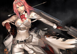  ark_royal_(kancolle) arrow_(projectile) asdj blue_eyes blunt_bangs bob_cut commentary cowboy_shot female fingerless_gloves gloves hairband kantai_collection long_sleeves looking_at_viewer machinery mouth_hold overskirt pantyhose photoshop_(medium) red_hair red_ribbon ribbon rigging short_hair shorts smoke solo tiara white_pantyhose white_shorts 