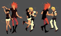  2boys alternate_costume arm_around_waist black_hair closed_eyes commentary dancing eye_contact female ginkoseed grey_background highres holding_hands jacket kingdom_hearts kingdom_hearts_iii lea_(kingdom_hearts) looking_at_another multiple_boys open_mouth red_hair roxas short_hair skirt sleeveless smile spiked_hair spoilers xion_(kingdom_hearts) 