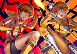  2girls absurdres brown_hair commentary_request cosplay dual_persona glowing glowing_eyes highres looking_at_viewer multiple_girls pantyhose persona persona_4 photoshop_(medium) polearm satonaka_chie scarf shadow_(persona) shadow_chie short_hair smile spear tomoe_(persona_4) tomoe_(persona_4)_(cosplay) weapon whip yellow_eyes yuuten 