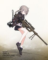  astg backpack bag bolt_action cheytac_m200 commentary female full_body girls&#039;_frontline gloves grey_hair gun headphones highres holding holding_gun holding_weapon jacket m200_(girls&#039;_frontline) official_art open_clothes open_jacket ponytail promotional_art purple_eyes rifle shoes skirt sneakers sniper_rifle socks solo weapon 