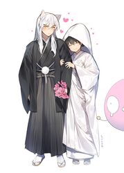  1boy ^_^ animal_ears artist_name bad_id bad_pixiv_id black_hair blush bouquet closed_eyes closed_mouth commentary couple dog_ears eyebrows female floral_print flower full_body geta hand_on_another&#039;s_arm haori height_difference higurashi_kagome holding holding_another&#039;s_arm holding_flower inuyasha inuyasha_(character) japanese_clothes kimono long_hair long_sleeves pink_flower sandals shippou_(inuyasha) short_hair simple_background standing straight sukja symbol-only_commentary tabi uchikake veil wataboushi white_background white_hair white_legwear wide_sleeves yukata 