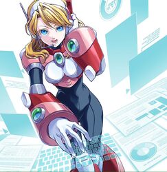  alia_(mega_man) android armor blonde_hair blue_eyes bodysuit breasts commentary_request female framed_breasts fujino_yuuki gloves headgear headset holographic_interface holographic_keyboard leaning_forward long_hair medium_breasts mega_man_(series) mega_man_x_(series) open_mouth robot_ears solo swept_bangs teeth white_background white_gloves 