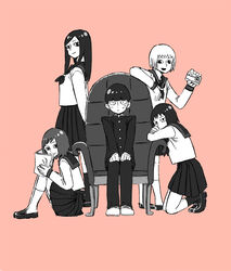  1boy 4girls :d bayashi bowl_cut camera chair commentary_request crossed_arms eyelashes fukami_emi gakuran kageyama_shigeo kneeling kurata_tome loafers long_hair long_sleeves mezato_ichi miniskirt mob_psycho_100 multiple_girls open_mouth pants photoshop_(medium) pink_background pleated_skirt school_uniform shoes short_hair simple_background sitting skirt smile sweat takane_tsubomi 