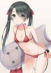  ass_visible_through_thighs bad_id bad_pixiv_id bare_arms bare_shoulders beige_background bikini blush bodyboard breasts closed_mouth collarbone female green_eyes green_hair hair_ribbon holding holding_behind_back kantai_collection leaning_forward long_hair looking_at_viewer mikuma_(2016_swimsuit_mode)_(kancolle) mikuma_(kancolle) navel red_bikini red_ribbon ribbon simple_background small_breasts solo stomach surfboard_leash sweatdrop swimsuit twintails wristband yuzu-aki 