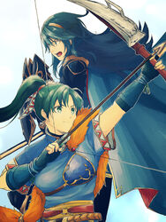  2girls blue_eyes blue_hair bow_(weapon) breasts commentary_request dress earrings fingerless_gloves fire_emblem fire_emblem:_the_blazing_blade fire_emblem_heroes gloves green_eyes green_hair high_ponytail highres jewelry large_breasts long_hair lucina_(brave_princess)_(fire_emblem) lucina_(fire_emblem) lyn_(brave_lady)_(fire_emblem) lyn_(fire_emblem) multiple_girls nishimura_(shinchinagachi) open_mouth ponytail sword tiara very_long_hair weapon 