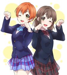  2girls ;d blue_jacket blue_ribbon blue_skirt brown_hair brown_skirt commentary cowboy_shot crossover green_eyes hoshizora_rin jacket katayama_minami long_sleeves looking_at_viewer love_live! love_live!_school_idol_project medium_hair multiple_girls one_eye_closed open_mouth orange_hair otonokizaka_school_uniform paw_pose plaid plaid_skirt pleated_skirt red_ribbon ribbon school_uniform sekina short_hair skirt smile standing twintails wake_up_girls! winter_uniform 