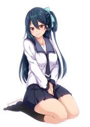  :&gt; bad_id bad_pixiv_id between_legs black_hair black_necktie black_socks blue_ribbon blue_sailor_collar blue_skirt commentary_request female hair_between_eyes hair_ribbon hair_rings hand_between_legs head_tilt kneehighs long_hair long_sleeves looking_at_viewer necktie no_shoes nyanmaru_(ememing) own_hands_together phantasy_star phantasy_star_online_2 pleated_skirt red_eyes ribbon sailor_collar school_uniform seiza serafuku shirt simple_background sitting skirt smile socks solo twitter_username v_arms very_long_hair washinomiya_koori white_background white_shirt 