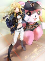  +_+ 2girls :3 :d ;d animal_costume bang_dream! baseball_bat baseball_cap baseball_uniform bear_costume black_hat black_jacket black_legwear blonde_hair boots clothes_writing commentary_request crop_top food gloves group_name hanwha_eagles hat holding holding_baseball_bat holding_food jacket joypyonn kbo_league knee_boots korean_commentary logo long_hair long_sleeves mascot_costume michelle_(bang_dream!) midriff multiple_girls navel one_eye_closed open_mouth pants round_teeth shirt single_vertical_stripe smile sportswear squatting standing sweatdrop teeth thighhighs tsurumaki_kokoro upper_teeth_only white_gloves white_pants white_shirt yellow_eyes 