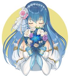  bare_shoulders blue_eyes blue_hair bouquet bride caeda_(bridal)_(fire_emblem) caeda_(fire_emblem) commentary_request dress elbow_gloves female fire_emblem fire_emblem:_mystery_of_the_emblem fire_emblem_heroes flower formal gloves kyufe long_hair rose simple_background solo strapless strapless_dress tiara veil wedding wedding_dress white_dress white_flower white_gloves 