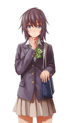  bag black_hair blazer blue_eyes blush bow bowtie brown_skirt closed_mouth collared_shirt commentary english_commentary female gamers! green_bow green_bowtie hair_between_eyes highres hoshinomori_chiaki jacket long_sleeves looking_at_viewer messy_hair photoshop_(medium) pleated_skirt redpoke school_bag school_uniform shirt short_hair skirt solo striped_bow striped_bowtie striped_clothes white_background white_shirt wing_collar 