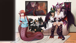  4girls :3 :o :t animal_ears animal_hands anubis_(monster_girl_encyclopedia) black_hair breasts brown_eyes casual claws cleavage clothes_writing collarbone colored_sclera colored_skin commission controller couch cowfee crossover cyclops dark-skinned_female dark_skin dragon_girl dragon_wings dress extra_eyes game_controller gazer_(monster_girl_encyclopedia) green_eyes green_hair grey_skin hair_ornament hairclip hanging_scroll highres horns indoors jabberwock_(monster_girl_encyclopedia) jewelry lamia large_breasts long_hair medium_breasts miia_(monster_musume) monster_girl monster_girl_encyclopedia monster_musume_no_iru_nichijou multiple_girls nintendo_64_controller one-eyed painting_(object) playing_games pointy_ears pout purple_hair red_eyes red_hair scales scroll shirt sitting small_breasts t-shirt tail tentacle v-shaped_eyebrows white_dress white_shirt white_skin wings yellow_sclera yokozuwari 