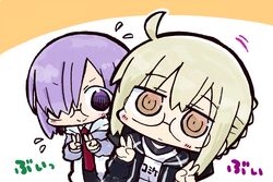  &gt;:) 2girls artoria_pendragon_(fate) black_dress black_jacket blush_stickers braid brown_eyes closed_mouth commentary_request double_v dress fate/grand_order fate_(series) flying_sweatdrops glasses gym_shirt hair_between_eyes hair_over_one_eye hood hood_down hooded_jacket jacket kasuga_yuuki light_brown_hair mash_kyrielight multiple_girls mysterious_heroine_x_alter_(fate) mysterious_heroine_x_alter_(second_ascension)_(fate) necktie open_clothes open_jacket orange_background purple_eyes purple_hair red_necktie shirt sidelocks smile two-tone_background v v-shaped_eyebrows white_background white_jacket white_shirt 