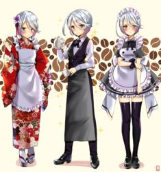  apron barista blush coffee_beans coffee_pot commentary dress employee_uniform female floral_print gambe green_hair highres japanese_clothes kimono looking_at_viewer maid maid_apron mary_janes mixed_maids multiple_views pot pretty_series print_kimono pripara puffy_sleeves red_kimono shikyoin_hibiki shoes short_dress short_hair tasuki teapot thighhighs tray uniform vest wa_maid white_hair zettai_ryouiki 