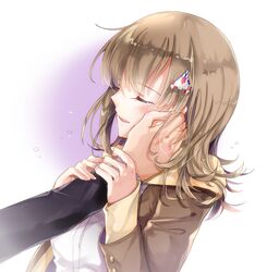  brown_hair brown_sweater closed_eyes comforting commentary_request danganronpa_(series) danganronpa_2:_goodbye_despair dress_shirt female galaga hair_ornament hand_on_another&#039;s_arm hand_on_another&#039;s_cheek hand_on_another&#039;s_face holding_another&#039;s_arm hood hooded_sweater jond.dm long_hair medium_hair nanami_chiaki out_of_frame outstretched_hand parted_lips profile shirt simple_background solo_focus sweater tears white_background white_shirt 