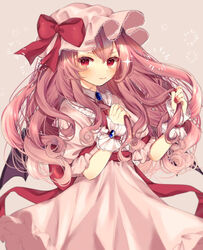  :3 alternate_hair_length alternate_hairstyle back_bow bat_wings black_wings blue_gemstone blush bow closed_mouth commentary_request cowboy_shot dress female gem grey_background hat hat_bow highres holding holding_own_hair long_hair looking_at_viewer mob_cap nail_polish pink_dress pink_hat puffy_short_sleeves puffy_sleeves purple_hair red_bow red_eyes red_nails remilia_scarlet sash short_sleeves simple_background smile solo touhou v-shaped_eyebrows very_long_hair wings wrist_cuffs youtan 