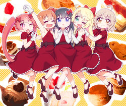  5girls :3 :d ahoge arm_up armpits black_hair blonde_hair blue_eyes bow brown_eyes commentary dress elbow_gloves frilled_dress frills girl_sandwich gloves green_eyes hairbow happy_happy_friends highres hijiri_rei himesaka_noa hoshino_hinata konomori_kanon long_hair mary_janes multiple_girls oerba_yun_fang one_eye_closed open_mouth orange_hair pink_eyes red_dress red_hair sandwiched shirosaki_hana shoes side_ponytail smile tanemura_koyori twintails watashi_ni_tenshi_ga_maiorita! white_gloves 