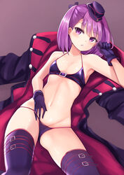  bikini breasts coat commentary_request fate/grand_order fate_(series) female gloves hair_ribbon hat helena_blavatsky_(fate) helena_blavatsky_(swimsuit_archer)_(fate) helena_blavatsky_(swimsuit_archer)_(third_ascension)_(fate) looking_at_viewer lowleg lowleg_bikini lying mini_hat navel neneru on_back purple_bikini purple_eyes purple_gloves purple_hair purple_ribbon purple_thighhighs ribbon short_hair simple_background small_breasts solo swimsuit thighhighs 