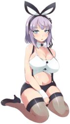  animal_ears bad_id bad_twitter_id black_footwear blue_eyes blush bow bowtie breasts buttons cleavage dagashi_kashi female fishnet_thighhighs fishnets flower full_body hair_flower hair_ornament hairband high_heels inactive_account large_breasts lillithlauda looking_at_viewer navel open_mouth purple_hair rabbit_ears rabbit_girl shidare_hotaru shoes short_hair sitting solo suspenders thighhighs transparent_background wariza wrist_cuffs 