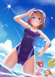  3girls blue_eyes blue_one-piece_swimsuit blush breasts brown_hair cloud collateral_damage_studios commentary_request competition_swimsuit cyaron!_(love_live!) day diffraction_spikes dutch_angle goggles goggles_on_head highres kurosawa_ruby looking_at_viewer love_live! love_live!_sunshine!! medium_breasts multiple_girls ocean one-piece_swimsuit open_mouth orange_hair red_hair salute short_hair sky smile swimsuit takami_chika two_side_up watanabe_you 