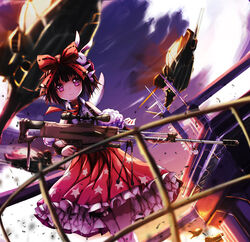  :&gt; aircraft blush bow brown_hair closed_mouth cloud collared_shirt commentary dutch_angle female girls&#039;_frontline gun hair_ornament hairbow helicopter highres holding holding_gun holding_weapon m99_(girls&#039;_frontline) necktie outdoors photoshop_(medium) pink_eyes rabbit_hair_ornament railing red_bow red_necktie red_skirt roon_(ddeer2010) shirt skirt sky sleeveless sleeveless_shirt solo standing star_(symbol) star_print sunset weapon white_shirt wind wing_collar zijiang_m99 