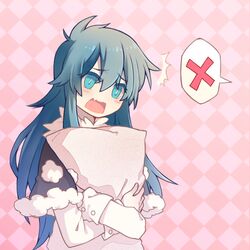  blouse blue_eyes blue_hair capelet checkered_background chinese_commentary closed_eyes colored_eyelashes commentary_request doremy_sweet female hugging_object ko_kita long_hair open_mouth pillow pillow_hug pom_pom_(clothes) shirt sidelocks solo spoken_x touhou upper_body white_shirt 