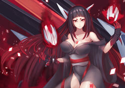  akagi_(warship_girls_r) bare_shoulders black_hair black_kimono blunt_bangs breasts chinese_commentary cleavage commentary_request dark_persona enemy_akagi_(warship_girls_r) enemy_vessel_(warship_girls_r) female gloves headgear highres japanese_clothes kimono large_breasts liu_lan long_hair looking_at_viewer multicolored_hair off_shoulder parody photoshop_(medium) red_eyes red_hair short_eyebrows solo tattoo two-tone_hair very_long_hair warship_girls_r 