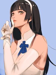  arm_at_side bare_shoulders black_hair blue_background blue_bow blue_bowtie blue_ribbon blunt_bangs bow bowtie breasts collarbone commentary_request elbow_gloves eyelashes female girls&#039;_frontline gloves hairband halterneck hand_to_own_mouth hand_up hime_cut impossible_clothes impossible_shirt korean_commentary large_breasts long_hair looking_at_viewer nose parted_lips pink_lips ribbon shirt simple_background skin_tight sleeveless solo standing takssmask turtleneck type_95_(girls&#039;_frontline) upper_body white_gloves white_hairband wristband yellow_eyes 