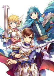  2boys armor asbel_(fire_emblem) belt black_pants blonde_hair blue_cape blue_eyes blue_gloves blue_skirt blue_tunic book bracer breastplate brown_belt brown_eyes brown_hair brown_sash cape commentary_request female fingerless_gloves fire_emblem fire_emblem:_genealogy_of_the_holy_war fire_emblem:_thracia_776 gloves hair_between_eyes highres holding holding_book holding_sword holding_weapon lands_sword leif_(fire_emblem) light_brand looking_at_viewer miniskirt multiple_boys nanna_(fire_emblem) open_mouth pants parted_lips pauldrons pink_shirt purple_shirt sash shield shirt short_hair shoulder_armor simple_background skirt smile sword tarayuki tunic upper_body weapon white_background white_gloves wing_hair_ornament 