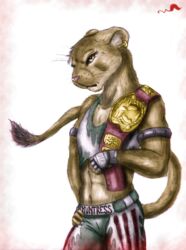  anthro champion championship_belt clothing conditional_dnp felid female fur lion mammal muscular muscular_female pantherine solo whimsicalsquirrel whiskers wrestler 