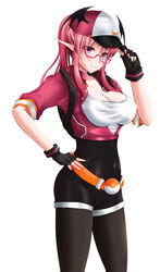  alternate_hairstyle backpack bag baseball_cap belt bespectacled black_gloves black_leggings black_leotard blush breasts cleavage commentary_request cosplay covered_nipples cowboy_shot crop_top cropped_jacket female female_protagonist_(pokemon_go) female_protagonist_(pokemon_go)_(cosplay) fingerless_gloves glasses gloves hand_on_headwear hat hip_focus huge_breasts jacket koakuma leggings leotard looking_at_viewer navel pointy_ears pokemon pokemon_go ponytail red-framed_eyewear red_eyes red_hair red_jacket semi-rimless_eyewear shirt short_sleeves sidelocks skin_tight solo taut_clothes taut_shirt touhou under-rim_eyewear underbust white_shirt yumi_(careca398) 