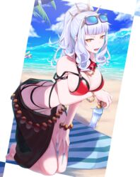  2girls alternate_costume arm_under_breasts beach bent_over bikini blue_nails blue_sky blunt_bangs breast_hold breasts butt_crack carmilla_(fate) carmilla_(summertime_mistress)_(fate) cleavage cloud cloudy_sky commentary_request day eyewear_on_head fate/grand_order fate_(series) fingernails grey_hair halterneck high_ponytail highres innertube jewelry kneeling kurogiri large_breasts long_fingernails long_hair looking_at_viewer midriff multiple_girls nail_polish navel ocean open_mouth outdoors ponytail red_bikini sand sarong side-tie_bikini_bottom sky slit_pupils solo_focus sunglasses swim_ring swimsuit tamamo_(fate) tamamo_no_mae_(swimsuit_lancer)_(fate) towel very_long_fingernails water waves wavy_hair yellow_eyes 