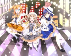  3girls blue_eyes blue_hair commentary_request earrings gloves grey_hair hair_between_eyes hat highres jewelry kosaka_honoka long_hair looking_at_viewer love_live! love_live!_school_idol_festival love_live!_school_idol_project minami_kotori misora_deco multiple_girls necktie one_eye_closed one_side_up open_mouth orange_hair plaid smile sonoda_umi thighhighs white_legwear yellow_eyes 