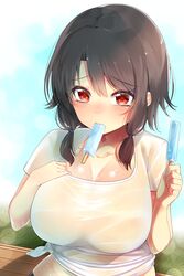  absurdres bad_id bad_twitter_id belly bench black_hair blue_background blush breasts cleavage copyright_request eating female food food_in_mouth hair_ornament hairpin highres holding holding_food huge_breasts ice_cream mouth_hold nezumidoshi popsicle red_eyes see-through shirt short_hair short_twintails sitting solo sweat swept_bangs t-shirt tatami twintails upper_body white_shirt 