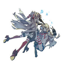  2girls adapted_costume amatsukaze_(kancolle) black_panties blonde_hair blue_skirt boots breasts bubble commentary elbow_gloves garter_straps gloves grey_footwear grey_hair guratan hair_tubes hairband high_heel_boots high_heels highleg highleg_panties kantai_collection knee_boots long_hair looking_at_viewer looking_back microskirt multiple_girls navel panties photoshop_(medium) red_legwear rensouhou-chan sailor_collar shimakaze_(kancolle) side-tie_panties simple_background skirt small_breasts striped_clothes striped_thighhighs thighhighs two_side_up underwear white_background white_gloves 