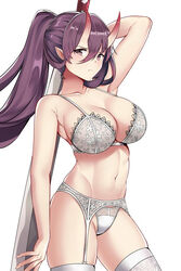  alternate_costume arm_behind_head armpit_crease armpits aslindsamure azur_lane bangs blush bra breasts cleavage closed_mouth collarbone cowboy_shot garter_belt garter_straps groin hair_between_eyes holding holding_sword holding_weapon horns izumo_(azur_lane) katana large_breasts lingerie long_hair looking_at_viewer navel oni_horns paid_reward panties patreon_reward pointy_ears protected_link purple_hair simple_background skindentation solo stomach sword thighhighs toned underwear underwear_only weapon white_background white_bra white_panties 