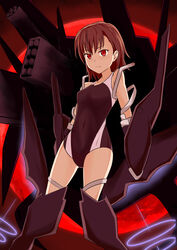  alternate_eye_color anti-art_attachment armor armored_boots black_one-piece_swimsuit boots breasts brown_hair cannon commentary competition_swimsuit covered_navel externally_piloted_mecha female flying gatling_gun gauntlets gun huge_weapon jack-barro machine_gun machinery mecha medium_breasts misaka_mikoto missile_pod moon multicolored_clothes multicolored_swimsuit multiple_weapons night one-piece_swimsuit outdoors power_suit powered_suit_(toaru) red_eyes red_moon robot short_hair sky solo spoilers swimsuit thigh_strap thighs toaru_majutsu_no_index toaru_majutsu_no_index:_new_testament tokiwadai_school_swimsuit two-tone_one-piece_swimsuit weapon 