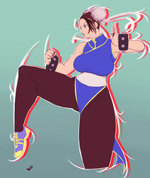  adapted_costume blue_dress boogy_(mnmnjuguna) bracelet bun_cover china_dress chinese_clothes chun-li commentary_request double_bun dress female fighting_stance hair_bun highres jewelry leg_up looking_to_the_side pantyhose pelvic_curtain solo spiked_bracelet spikes street_fighter 