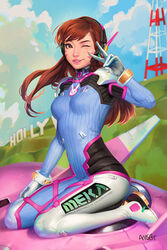  ;) animal_print armor bad_artstation_id bad_id blue_bodysuit bodysuit breasts brown_eyes brown_hair d.va_(overwatch) facepaint facial_mark female gloves headphones high_collar highres hollywood_sign lips looking_at_viewer manda_schank mecha meka_(overwatch) nose one_eye_closed outdoors overwatch overwatch_1 pauldrons pilot_suit pink_lips rabbit_print ribbed_bodysuit robot shoulder_armor shoulder_pads sitting skin_tight small_breasts smile solo v v_over_eye wariza whisker_markings white_gloves 