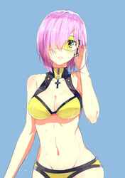  bikini blue_background blush breasts commentary_request cross fare fate/grand_order fate_(series) female hair_over_one_eye highres light_purple_hair looking_at_viewer mash_kyrielight mash_kyrielight_(dive_to_blue) medium_breasts navel official_alternate_costume parted_lips photoshop_(medium) purple_eyes short_hair solo standing stomach swimsuit tucking_hair visor wet yellow_bikini 