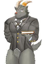  :3 anthro black_body black_fur bottomless bovid butler caprine clothed clothing edogast featureless_crotch fur goat hi_res horn lifewonders male mammal muscular muscular_anthro muscular_male salomonkun smile smirk solo suit tokyo_afterschool_summoners 