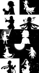  6+others absurdres adagumo_no_saragimaru androgynous bad_apple!! clause_(len&#039;en) commentary_request enraku_tsubakura ghost_tail greyscale hat highres houlen_yabusame japanese_clothes large_hat len&#039;en long_hair md5_mismatch monochrome multiple_others negative other_focus parody scarf senri_tsurubami shion_(len&#039;en) shitodo_kuroji short_hair smile snake_tail tail taira_no_chouki taira_no_fumikado top_hat touhou triangular_headpiece ximsol182 zuifeng_tenkai 