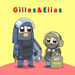  2boys :3 armor balaclava ballistic_shield blitz_(rainbow_six_siege) bulletproof_vest commentary_request ei_ei_okotta? english_text german_flag german_text gun handgun height_difference highres holding holding_gun holding_weapon montagne_(rainbow_six_siege) multiple_boys parody pipimi poptepipic popuko rainbow_six_siege shadow shield swat title_parody translated visor_(armor) weapon what ymltzj_(byt) 