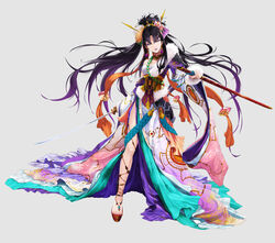  absurdres black_hair breasts caravan_stories commentary_request dress earrings female flower full_body hair_flower hair_ornament hair_stick head_tilt highres jewelry kota_(hamlet) long_hair looking_at_viewer medium_breasts photoshop_(medium) purple_eyes sheath solo standing sword very_long_hair weapon 